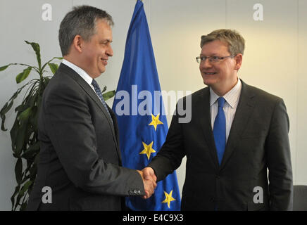 Brussels, Belgium. 7th July, 2014. Czech Minister for Legislation, Human Rights and Equal Opportunities Jiri Dienstbier (left) meets European Commissioner for Employment, Social Affairs and Inclusion Laszlo Andor in Brussels, Belgium, July 7, 2014. © Jakub Dospiva/CTK Photo/Alamy Live News Stock Photo