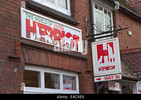 Sign over The World of James Herriot, former home of author and vet Jim Wight, Thirsk, North Yorkshire Stock Photo