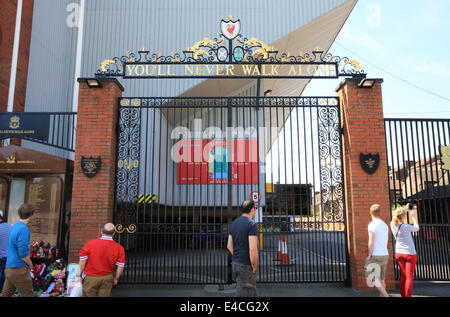 The famous wrought iron Bill Shankly gates at Liverpool Football Club ground on the Anfield Road. Stock Photo