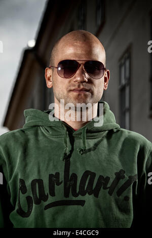 Portrait of bald man with sunglasses Stock Photo