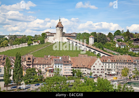 View on Rhine river and famous Munot fortifiction. Schaffhausen, Switzerland. Stock Photo