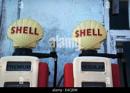 Cornwall. Roseland Peninsular. St Mawes . Old Shell petrol pumps Stock Photo