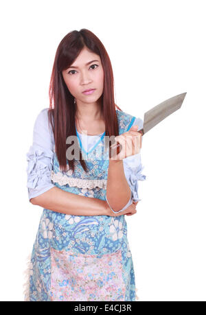 female chef holding a carving knife isolated on white background Stock Photo