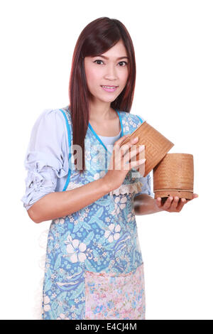female chef with bamboo rice box isolated on white background Stock Photo