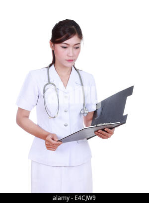 nurse reading medical report isolated on white background Stock Photo
