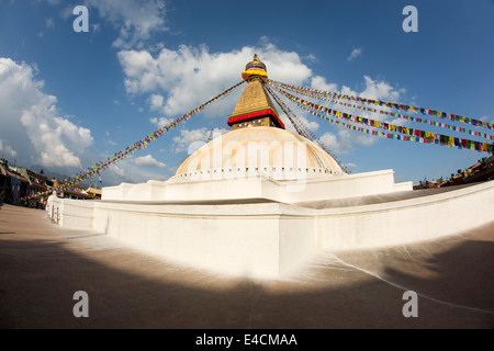 Nepal, Kathmandu, Boudhanath, stupa wide angle fish eye lens view Stock Photo