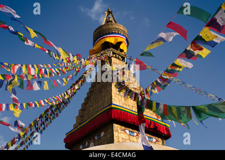Nepal, Kathmandu, Boudhanath, stupa spire, with colourful prayer flags Stock Photo