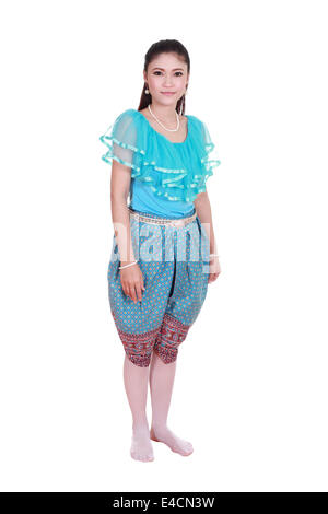 woman wearing typical thai dress isolated on white background, identity culture of thailand Stock Photo