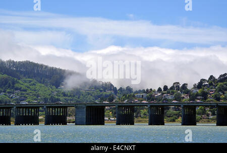 fog rolls in over bridge on hwy 101 from Pacific ocean in Mill valley California Stock Photo