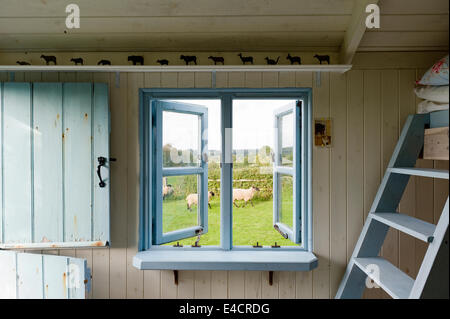 Blue framed open window inside a wooden shepherds hut with matching blue stable door Stock Photo