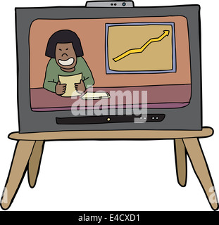 Single cartoon television with news anchor reading Stock Photo