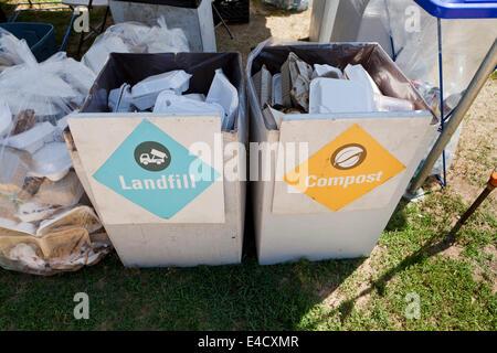 Landfill and compost refuse boxes at an outdoor event - USA Stock Photo ...