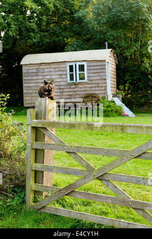 A wooden shepherds hut in an English country garden Stock Photo