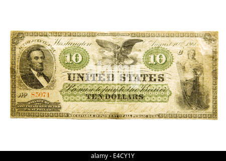 Front view of rare 1861 $10 US banknote cutout (original 'greenback') Stock Photo