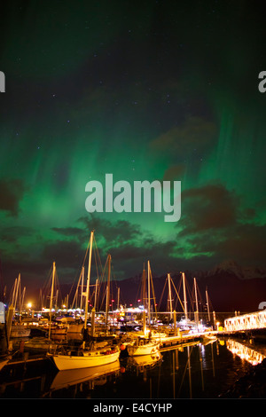 Aurora borealis over Seward Boat Harbor, Resurrection Bay, Seward, Alaska. Stock Photo