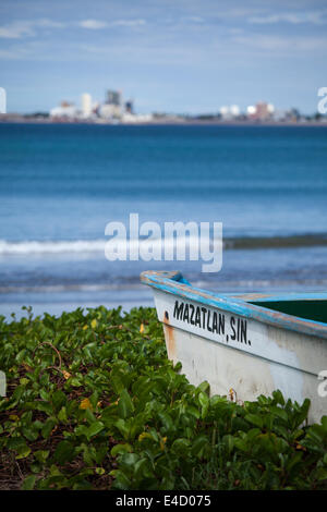 A fishing boat on the shore in Mazatlan, Sinaloa, Mexico. Stock Photo