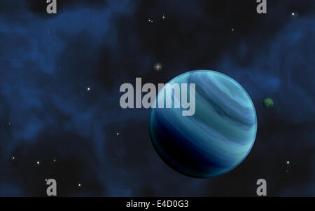Exoplanet with exomoon with stars and gas cloud Stock Photo