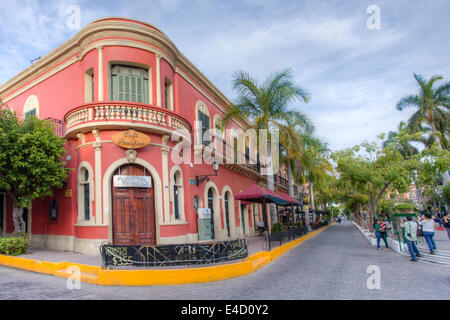 Colonial style buildings line the Plaza Machado in Old Mazatlan, Mexico. Stock Photo