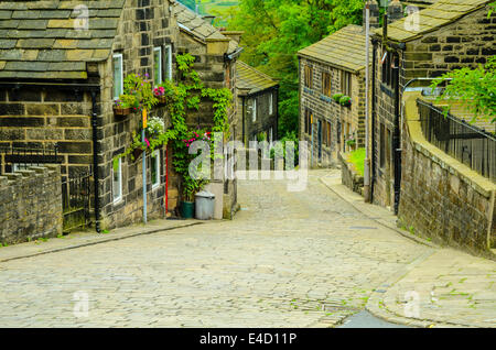 The cobbled main street at Heptonstall West Yorkshire Stock Photo
