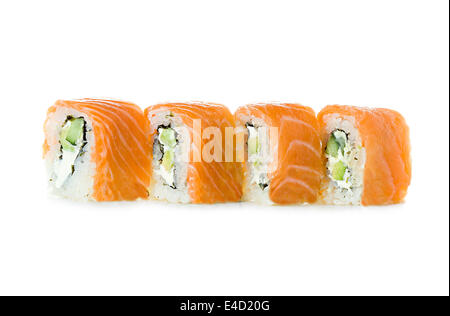 Sushi isolated on a white background. Philadelphia classic. Maki. Salmon, Philadelphia cheese, cucumber, avocado. Stock Photo