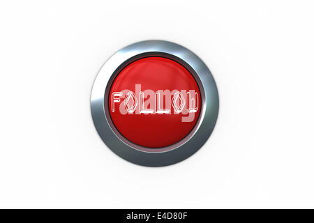 Follow on digitally generated red push button against white background ...