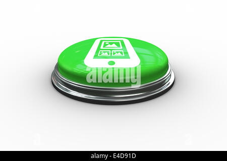 Composite image of mountain scene on tablet screen graphic on button Stock Photo