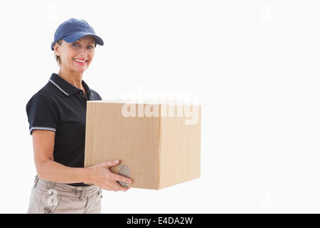 Happy delivery woman holding cardboard box Stock Photo