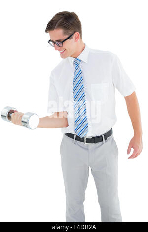 Geeky happy businessman lifting dumbbell Stock Photo
