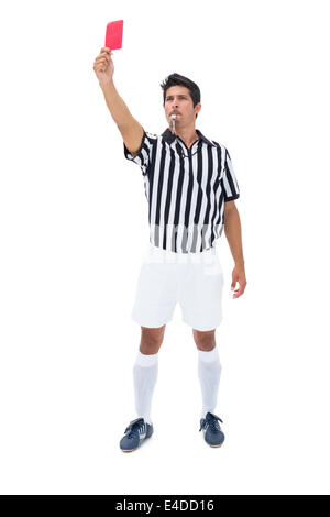 Serious referee showing red card to player on white background Stock ...