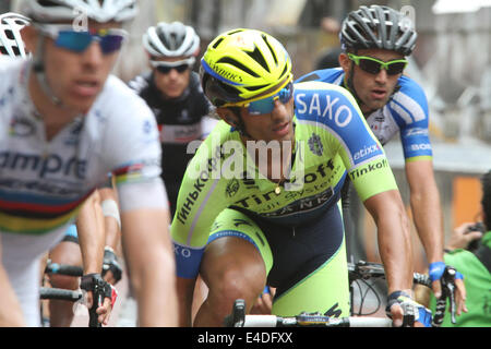 Alberto Contador (Spain) of Tinkoff-Saxo at the finish in the Mall on stage three Cambridge to London in the 2014 Tour De France Stock Photo