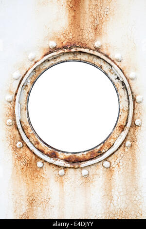 Empty round rusted porthole on white ship wall Stock Photo