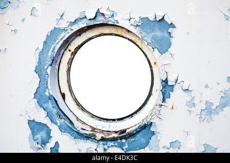 Empty round porthole in white and blue ship wall Stock Photo