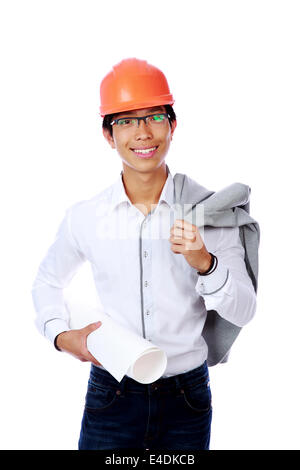 Portrait of a happy asian engineer holding blueprint over white background Stock Photo