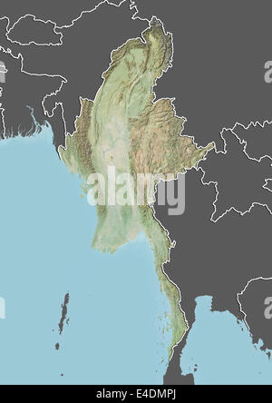 Myanmar, Relief Map With Border and Mask Stock Photo