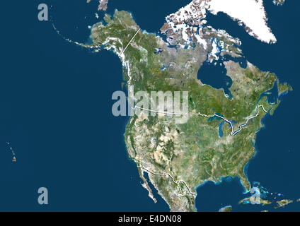 United States and Canada, True Colour Satellite Image With Border Stock Photo