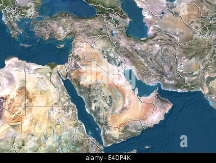 Middle East, True Colour Satellite Image With Country Borders Stock Photo