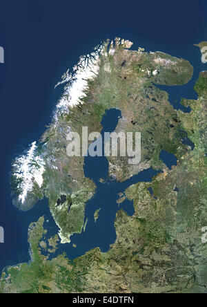 Scandinavia, True Colour Satellite Image. Scandinavia, true colour satellite image. The region comprises the countries of Norway Stock Photo