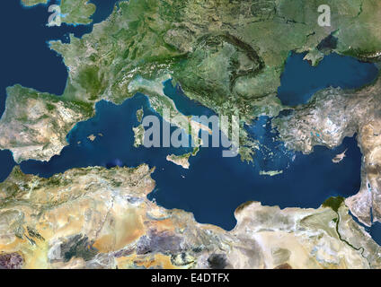 Mediterranean Area, True Colour Satellite Image. Mediterranean Sea. True colour satellite images showing the Mediterranean Sea. Stock Photo