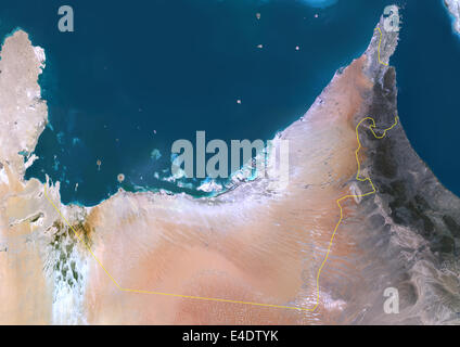 United Arab Emirates, Middle East, Asia, True Colour Satellite Image With Border. Satellite view of United Arab Emirates (with b Stock Photo