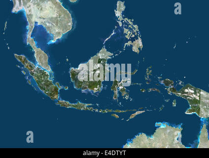 Indonesia, Asia, True Colour Satellite Image With Border And Mask. Satellite view of Indonesia (with border and mask). This imag Stock Photo