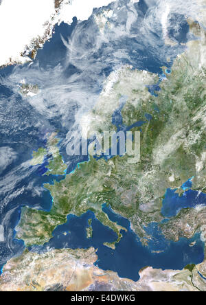 Europe With Cloud Coverage, True Colour Satellite Image. True colour satellite image of Europe with cloud coverage. This image i Stock Photo