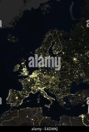 Europe At Night With Country Borders, True Colour Satellite Image. True colour satellite image of Europe at night with country b Stock Photo