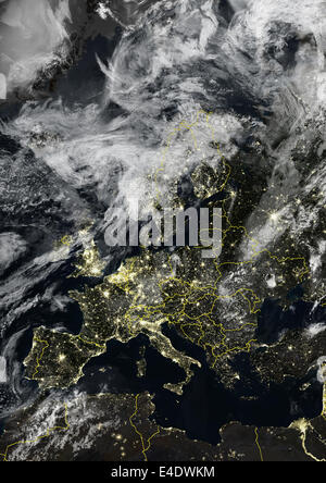 Europe At Night With Country Borders And Cloud Coverage, True Colour Satellite Image. True colour satellite image of Europe at n Stock Photo