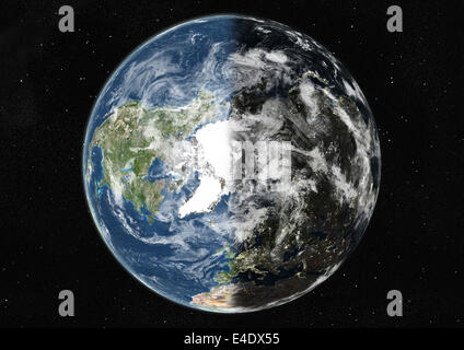 Globe Centred On The North Pole, True Colour Satellite Image. True colour satellite image of the Earth centred on the North Pole Stock Photo