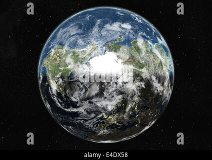Globe Centred On The North Pole, True Colour Satellite Image. True colour satellite image of the Earth centred on the North Pole Stock Photo