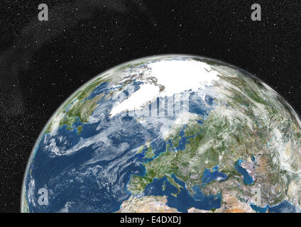 Globe Showing Europe, True Colour Satellite Image. True colour satellite image of the Earth showing Greenland, the North Pole an Stock Photo