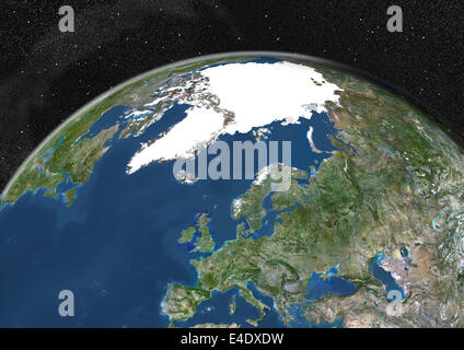 Globe Showing Europe, True Colour Satellite Image. True colour satellite image of the Earth showing Greenland, the North Pole an Stock Photo