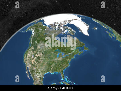 Globe Showing Northern America, True Colour Satellite Image. True colour satellite image of the Earth showing Greenland, the Nor Stock Photo