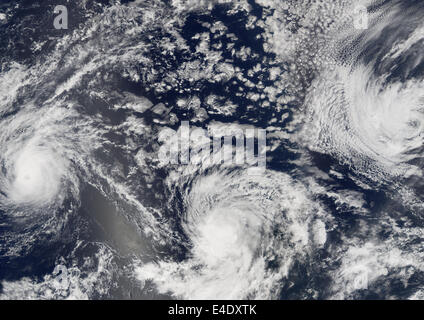 Hurricanes Kenneth, Jova And Max, Pacific Ocean, In 2005, True Colour Satellite Image. Satellite image of Hurricane Jova (left), Stock Photo