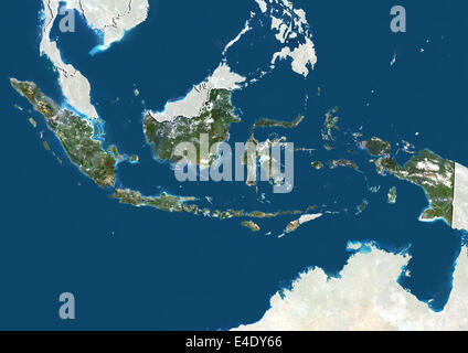 Indonesia, True Colour Satellite Image With Border and Mask Stock Photo